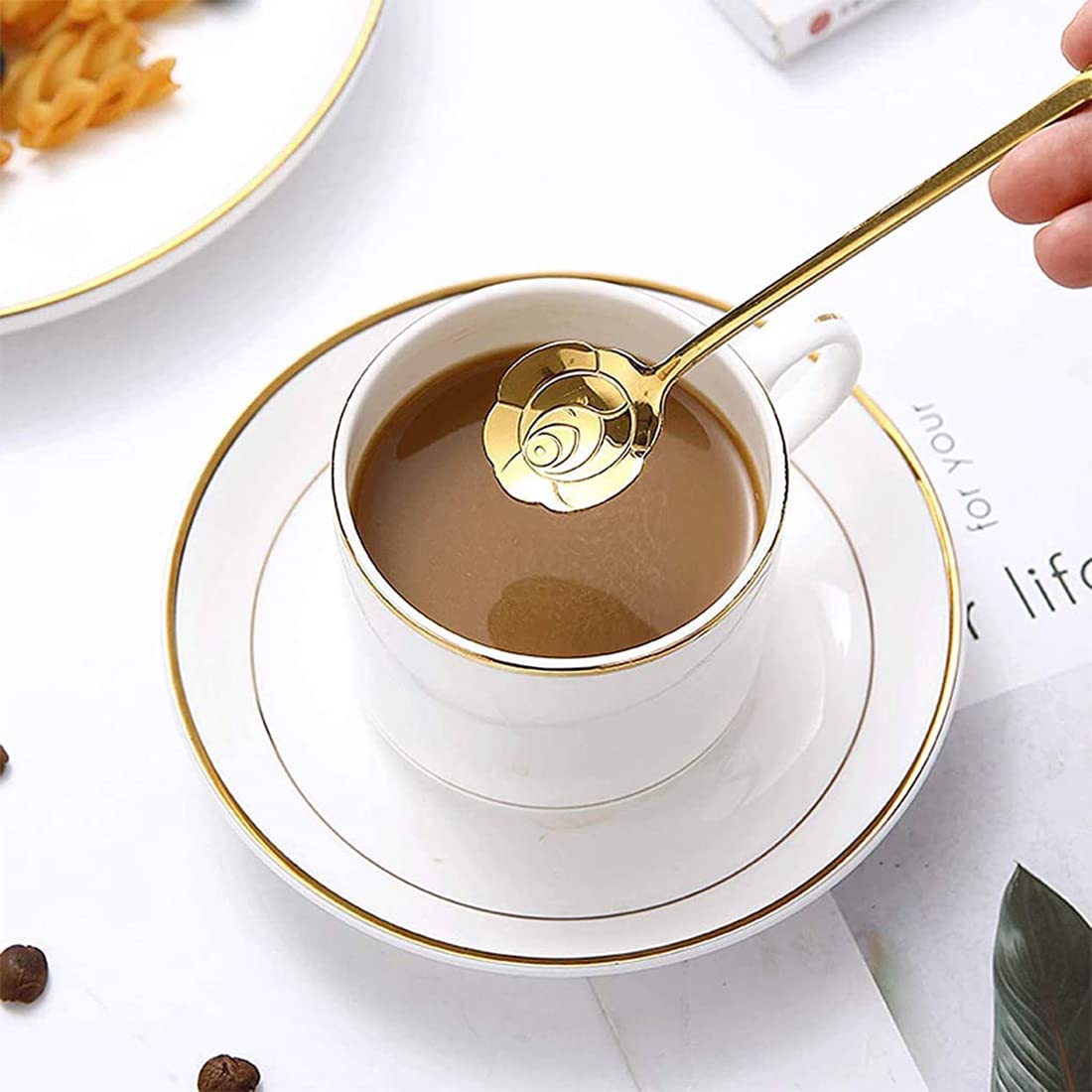 HASTHIP Golden Spoon Set/Coffee Spoon/Dessert Spoon/Cutlery Kitchen Tableware/Stainless Steel Gold Flower Shape Coffee Spoon with Package Bag, 18cm, 4 Pcs Different Coffee Spoon HASTHIP Golden Spoon Set/Coffee Spoon/Dessert Spoon/Cutlery Kitchen Tableware/Stainless Steel Gold Flower Shape Coffee Spoon with Package Bag, 18cm, 4 Pcs Different Coffee Spoon